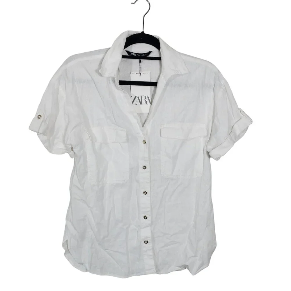 Zara White Button Down Short Sleeve Top SZ S Gold Buttons Front Pockets - Picture 3 of 11